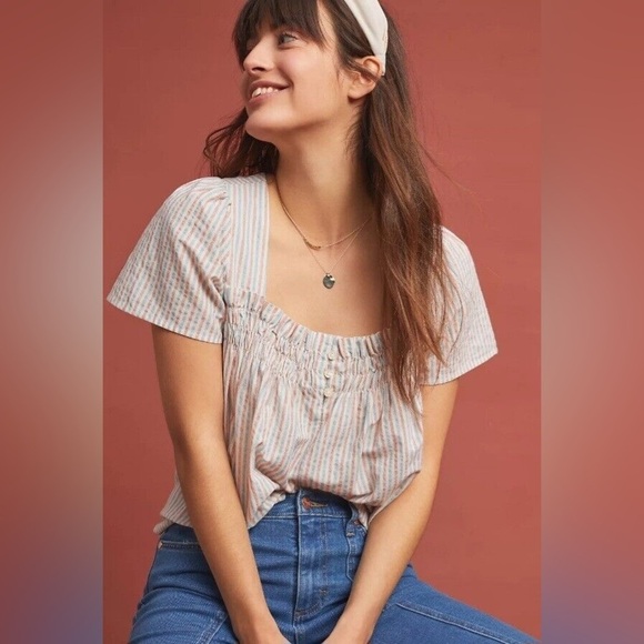 Anthropologie Isabella Sinclair Striped Smocked Neck Short Sleeve White Red S - Picture 1 of 11